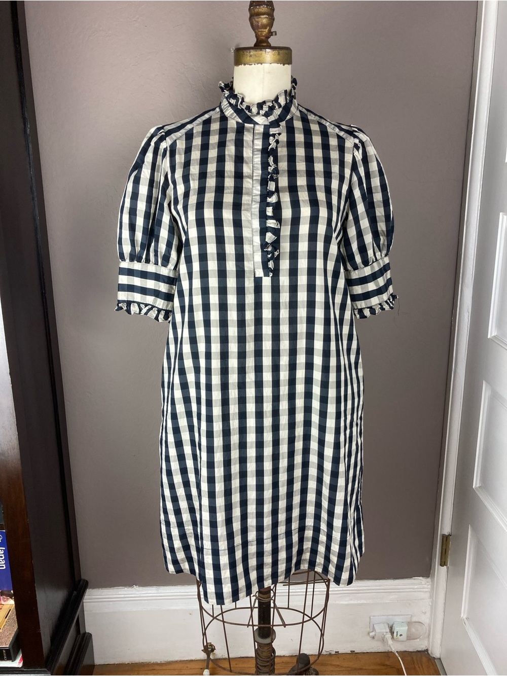 Lior Paris Gingham Ruffle-Trim Shift Dai Dress - Navy & White - Small